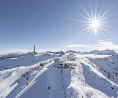 [Translate to English:] Kronplatz Gipfelpanorama mit Dolomitenblick